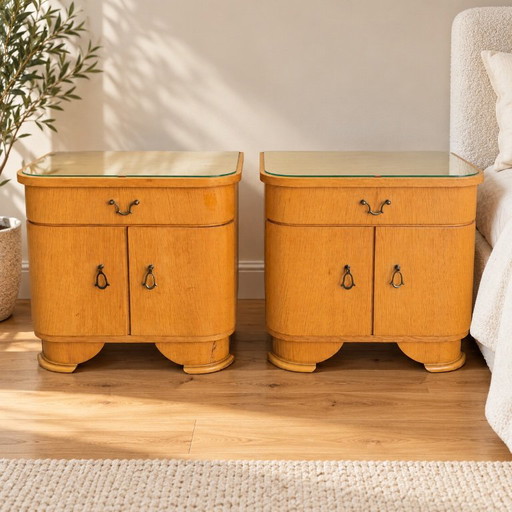 Vintage Nightstands as a Pair | 1940s/1950s | Curved Night Cabinets with Glass Tops and Drawers