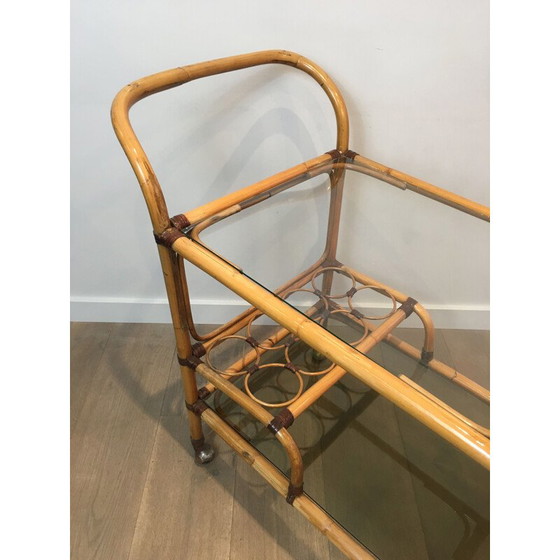 Image 1 of Rattan and leather vintage cart, France 1950