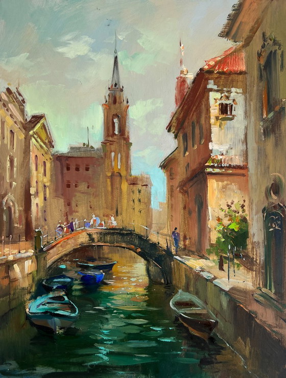 Image 1 of Original Oil Painting City River Landscape The busy streets of Venice