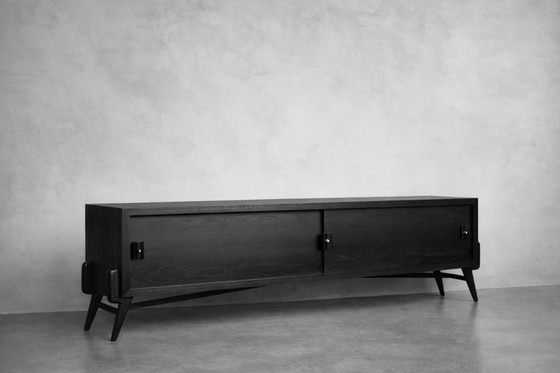 Image 1 of Vintage Mid-Century Scandinavian Modern Dark Oak Sideboard with Wooden & Metal Handles, 1960s