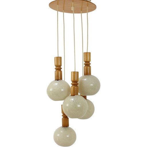 Vintage adjustable wood and plastic chandelier by Pokrok Žilina, Czechoslovakia 1970