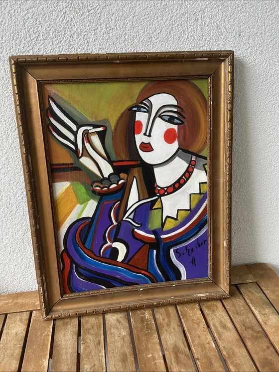 Image 1 of VINTAGE Portrait de style Hugó Scheiber | EXPRESSIONNISTE Cubisme Femme Peinture à l'huile Signée SCHREIBER H