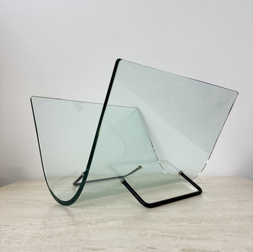 Postmodern Fiam Italy Curved Glass Magazine Rack, 1980s