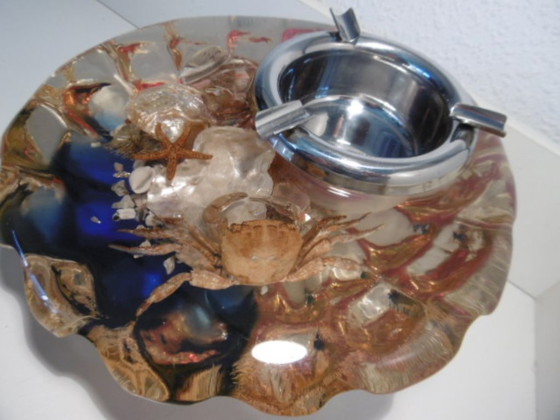 Posacenere vintage anni '60 con decoro marino in resina e metallo, Accessori da tavola, Plastica, Trasparente (foto 2 di 8)