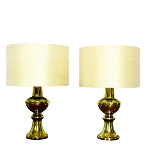 Set of two luxury Uno & Osten gold table lamps with silk shades, Sweden 1970