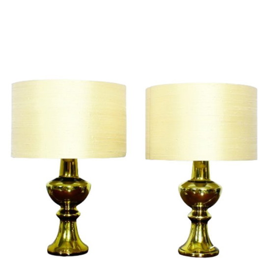 Image 1 of Set of two luxury Uno & Osten gold table lamps with silk shades, Sweden 1970