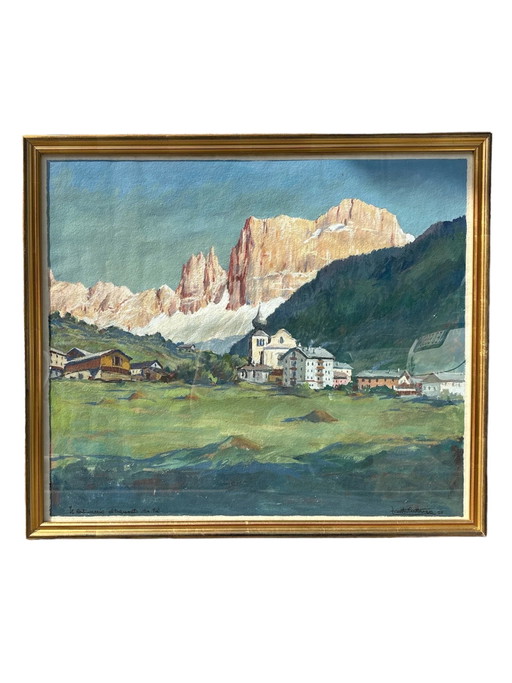 Tempera painting on paper 'The Catinaccio at Sunset from Fiè' by Fausto Cattaneo, 1950