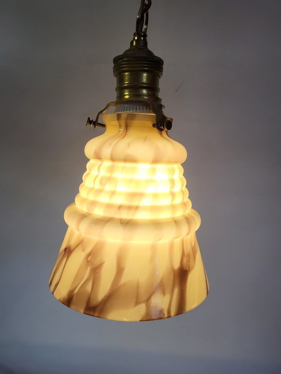 Image 1 of Art deco Opalglaslampe gerippt, Verreries de Scailmont, Henri Heemskerk, Belgien