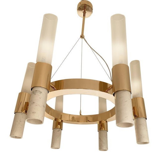 Lustre contemporain en anneau d'or avec verres en marbre de Carrare et blanc dégradé Simoeng