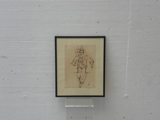 Lithografie Clown / Harlekijn van A. Hürlimann, beperkte oplage, jaren 70