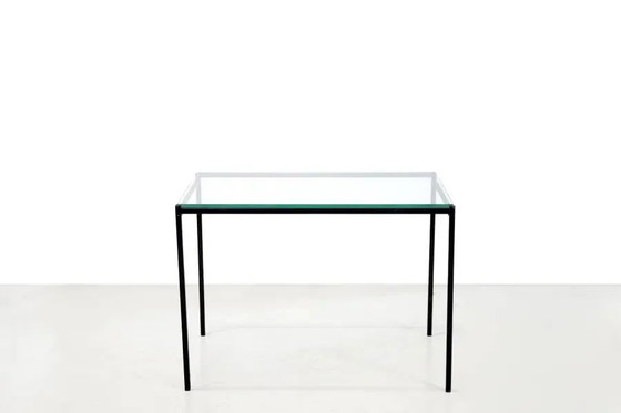 Black minimalist metal side table with glass top, 1960's – Vintage (photo 4 of 5)