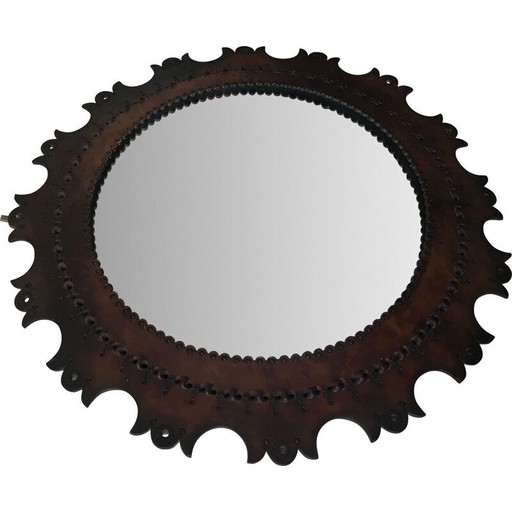 Miroir rond vintage avec cadre en cuir, 1960