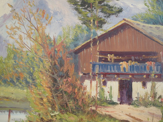 Image 1 of Peinture "Le chalet au bord d'un ruisseau", design scandinave, années 1970