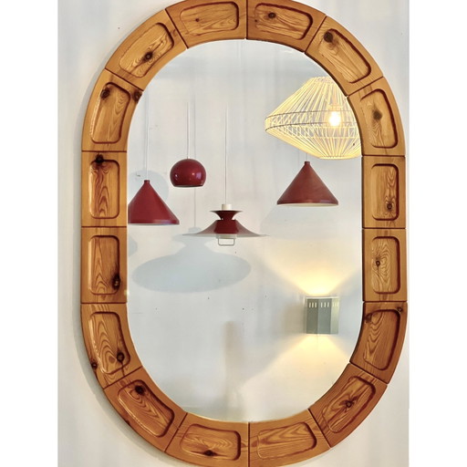 XL vintage Scandinavische Brutalistische ovalen spiegel in grenen hout, Denemarken 1970’s – Glass, Wood