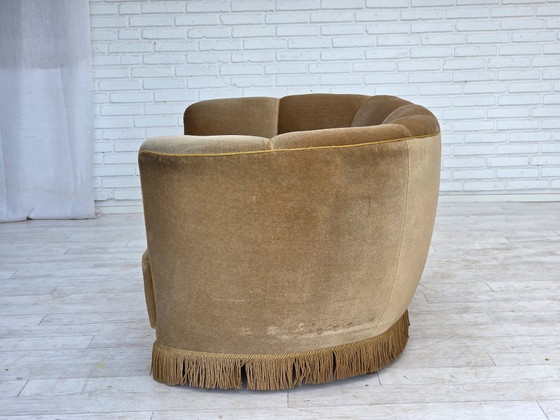 Image 1 of 1960s, Danish "Banana" 2-seater sofa, green furniture velour, oak wood.