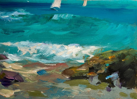Image 1 of Original Oil Painting Coastal Sea Landscape Seagulls flying over the sea