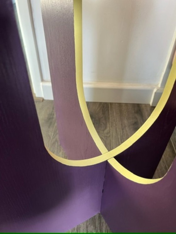 Image 1 of Unique upcycled design side table – Japandi with a funky twist, purple & butter yellow