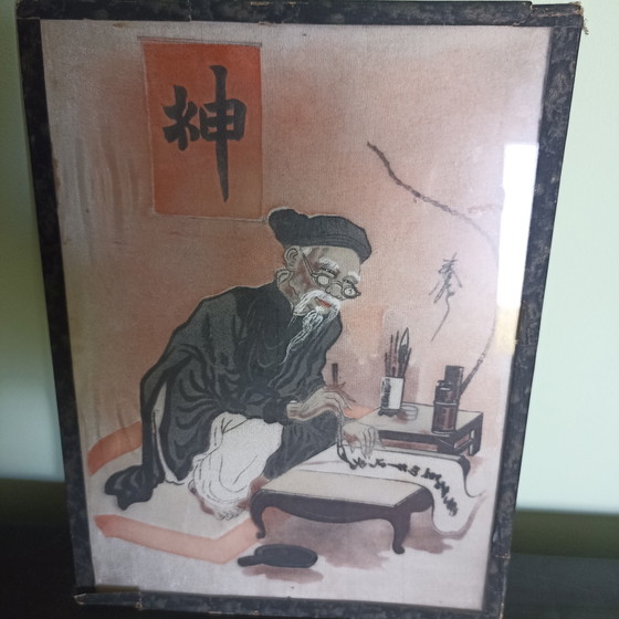 Image 1 of Antiek Vietnamees portret op zijde & hout (jaren 50) – Uniek mid-century