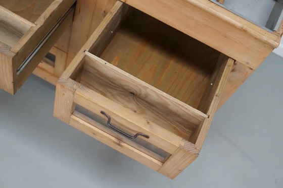 Image 1 of Vintage Nederlandse grenen haberdashery winkelkast met glazen fronten