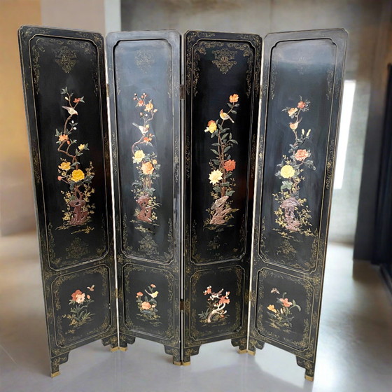Image 1 of Mid - Century Chinese Room Divider Speck Stone Hand Painted 1950s