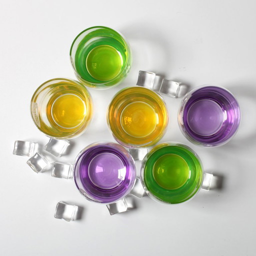 Lot de 6 verres à jus Amita vintage / Jaune, vert et violet / Grèce / Années 2000 – glazen karaffen, Glass