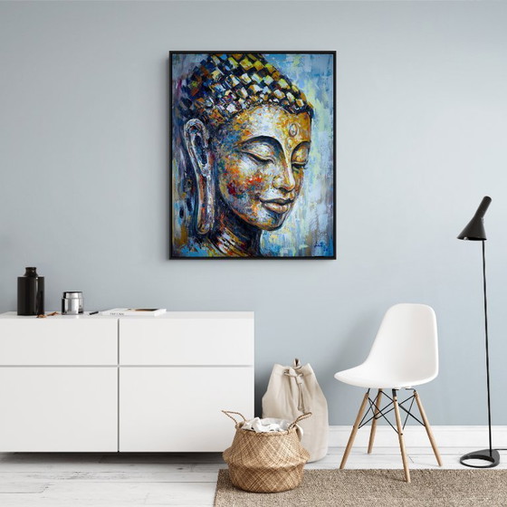 Image 1 of Unique hand-painted Buddha painting "Golden Serenity" – Seksak Jaichumchen – 80 × 100 cm