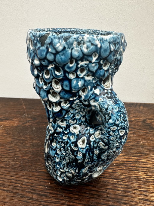 Small Vintage Fat Lava Blue Ceramic Vase
