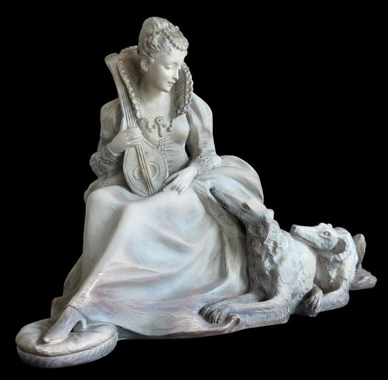 Image 1 of Art Deco sculpture of a seated lady with dogs