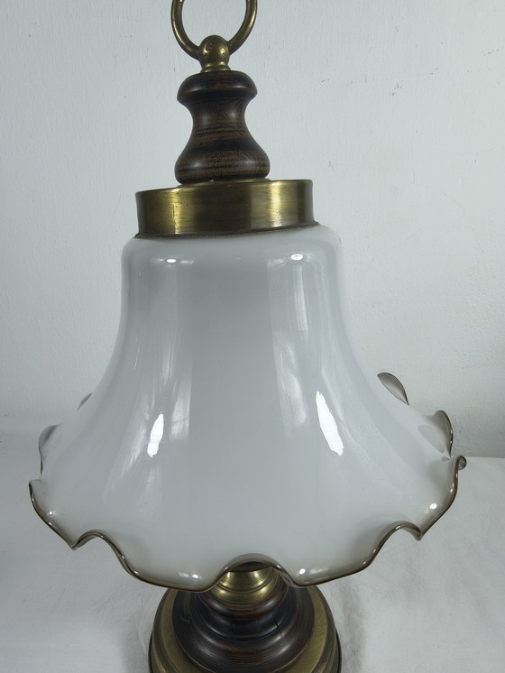 Image 1 of Vintage brass wood table lamp with opaline glass shade – classic / country style
