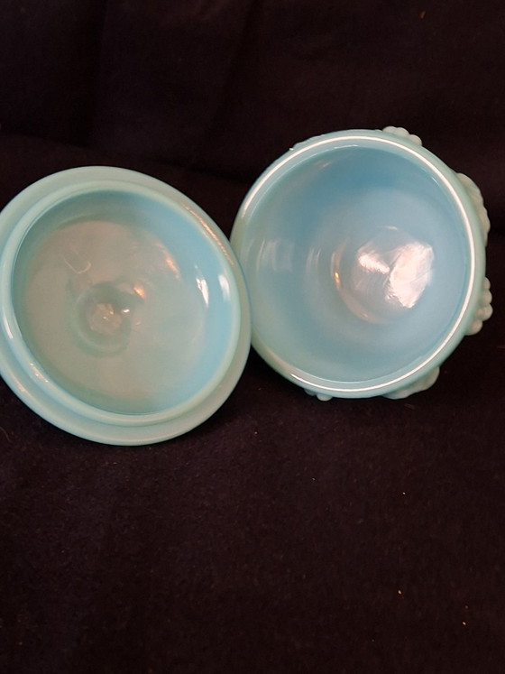 Opaline Dose mit Deckel, portieux vallelysthal, Dekorative Objekte, Glas, Mintgrün (Foto 4 von 5)
