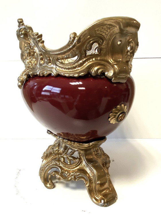 Image 1 of Antieke Napoleon III faience vergulde metalen plantenbak/tafelstuk