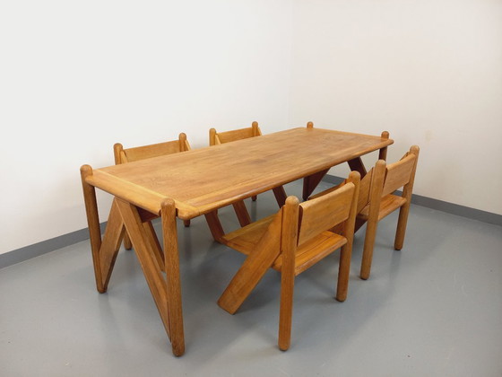 Image 1 of Exceptional suite of a large rectangular table and 4 vintage Brutalist chairs in solid oak from the 60s