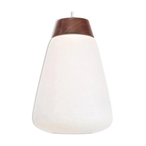 White opaline glass pendant lamp with teak detail – Philips, hanglampen, Brass, Scandinavian