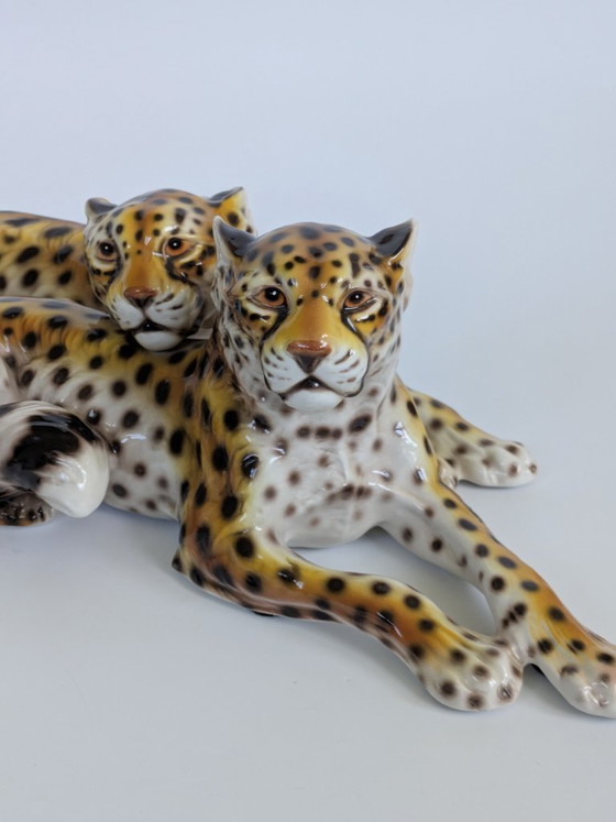 Image 1 of Large Italian Midcentury Porcelain Leopard Pair Sculpture Hollywood Regency Ronzan Style
