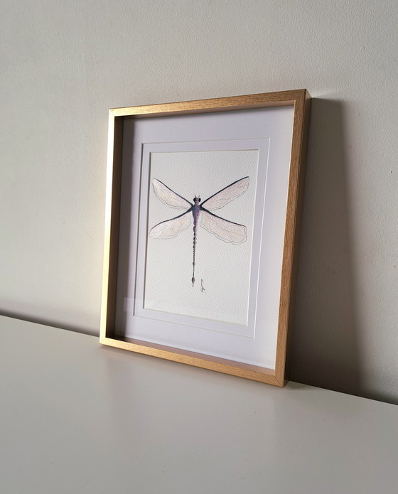Image 1 of Watercolor painting of a dragonfly in a gold-colored frame