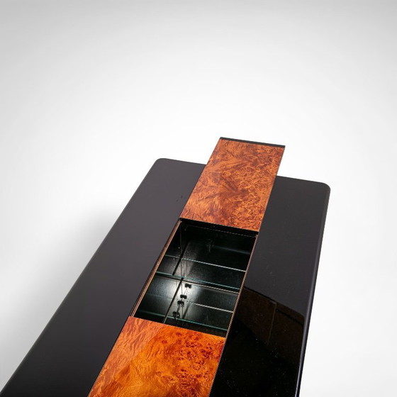Image 1 of Black lacquered and burl wood coffee table with bar France 1980s