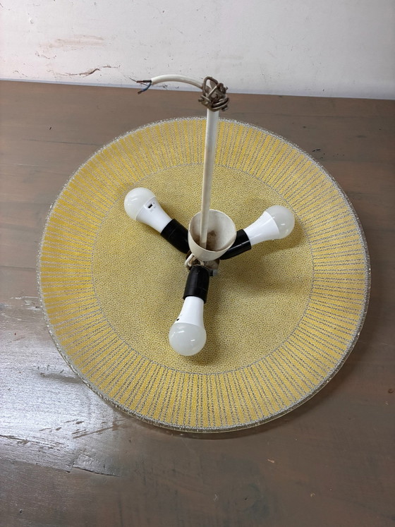 Vintage Mid-Century Glass Ceiling Light with White Rod (3 Light Points), DDR / Space Age, Metal, Gold (photo 6 of 6)