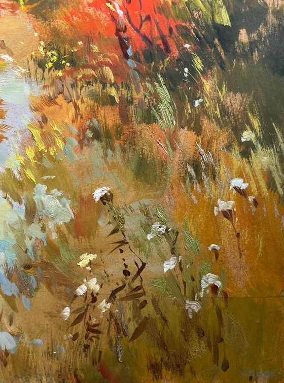 Image 1 of Pintura al óleo original Paisaje de bosque otoñal Escalones en un prado otoñal