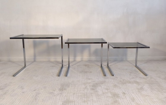 Image 1 of 😍✨ Set of 3 vintage chrome and smoked glass nesting tables, Roche Bobois / Guy Lefèvre style – 1970s ✨😍