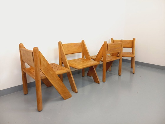 Image 1 of Exceptional suite of a large rectangular table and 4 vintage Brutalist chairs in solid oak from the 60s
