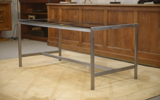 Image 1 of Scrivania di design in acciaio inox spazzolato e vetro fumé nero, anni '80