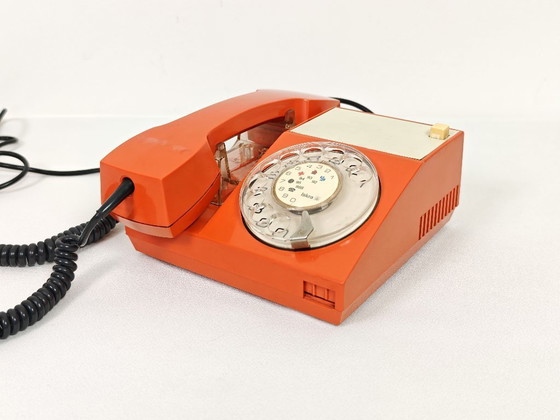 Image 1 of Vintage Orange Phone / Working Rotary Retro Telephone / Iskra Yugoslavia 1970's / Mid Century Modern Office
