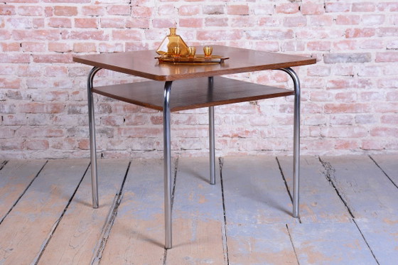 Gerestaureerde Bauhaus-tafel, van Vichr a spol., eikenhout, chroom, gepolijst, Tsjechisch, jaren 1940 – Metal (photo 3 of 15)
