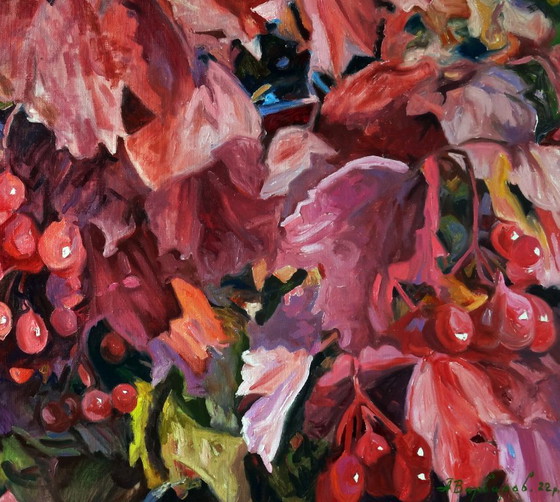 Pittura a Olio Originale Arte Contemporanea Bacche Autunnali Viburno Rosso – Dipinti e disegni, Canvas (photo 7 of 7)