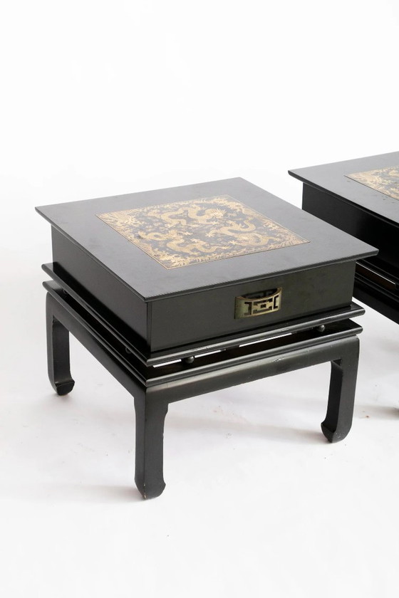 Image 1 of Pair of Chinoiserie Black Lacquer Bedside Tables with Gilded Dragon Engravings, 1980’s