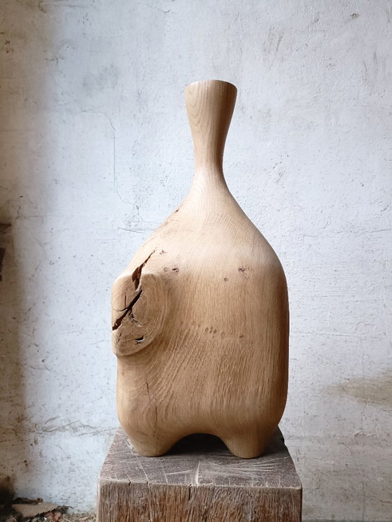 Image 1 of Large Vase/Bottle in Carved Solid Oak