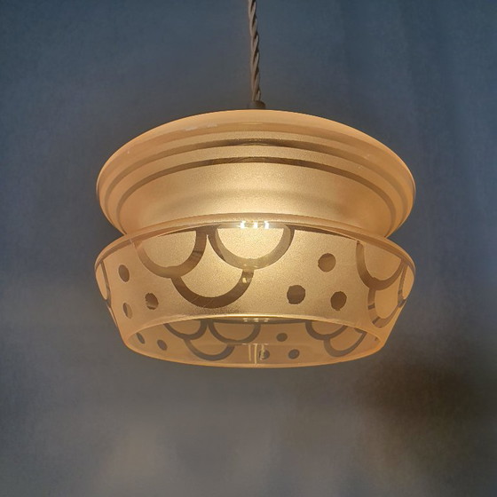 Image 1 of Vintage hanglamp - rose opaline glas met frosted textuur en decoratie 