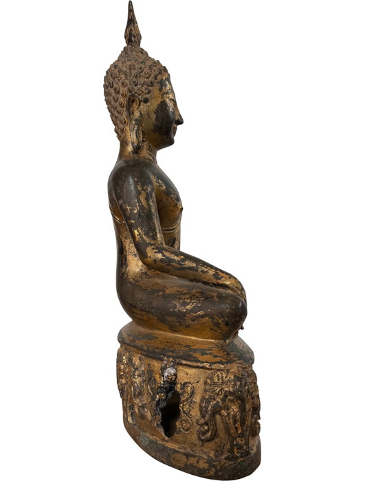 Buddha Lanna del XVIII secolo degno di un museo – Bronzo dorato a fuoco – Base di elefante – 43 cm – Sculture (photo 3 of 9)