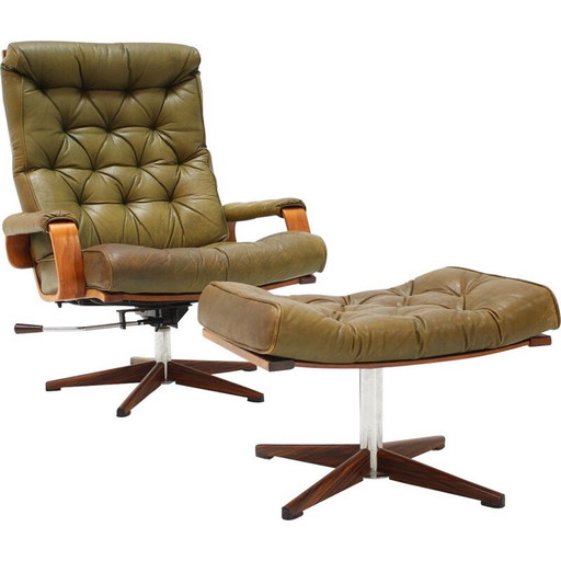 Poltrona vintage con poggiapiedi in pelle Svezia