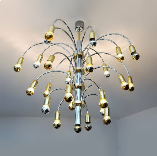 Vintage kroonluchter met 24 lampen in verchroomd en verguld metaal, Duitsland, 1970